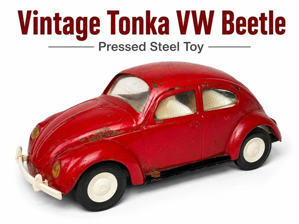 Vintage 1960s Tonka #52680 Volkswagen VW Beetle Bug Red Pressed Steel Toy